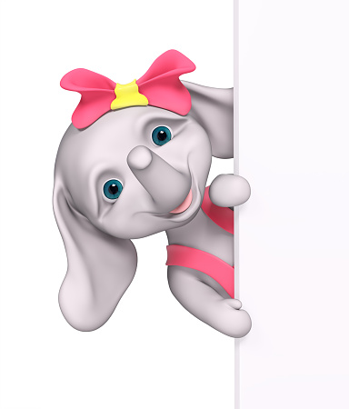 Funny cartoon character elephant behind poster isolated 3d rendering