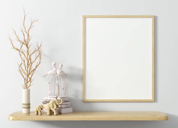 istock Branch in white vase on the wooden shelf with frame background 3d rendering 1421226102