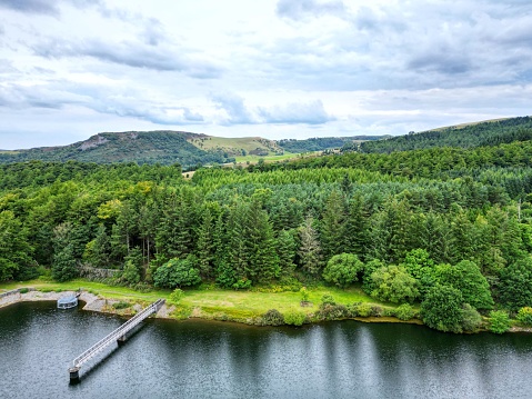 An aerial shot of the green forest with the lake in front in Macclesfield National Park, England