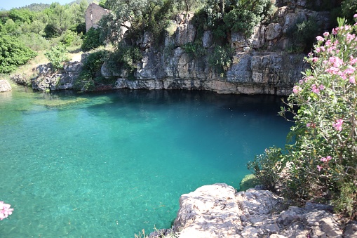 Blue water in a small lake in the nature