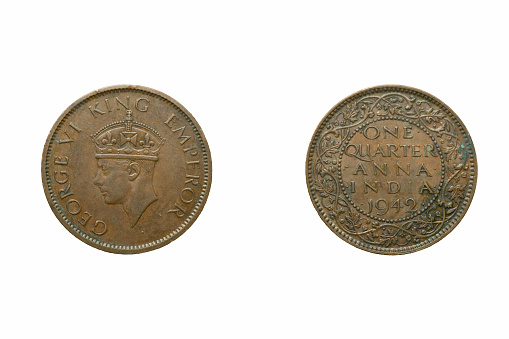 India - British Quarter Anna - George VI, 1940-1942  Bronze Coin Front and back