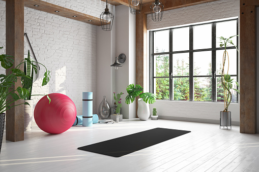 Cozy Yoga and Pilates Studio with Green Plants and Window Light. 3D Render