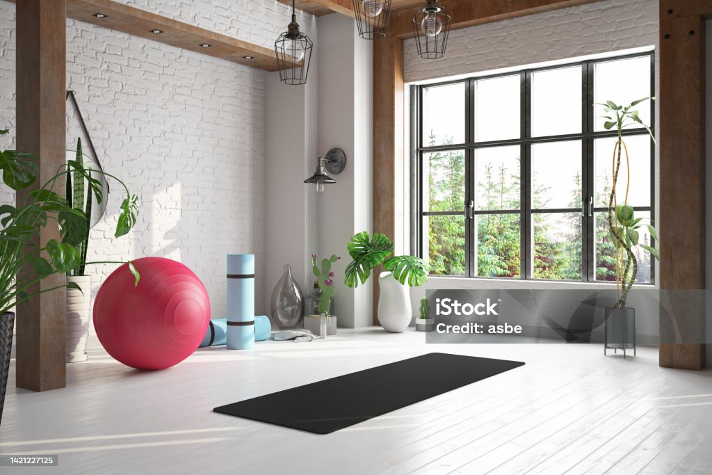 Cozy Yoga And Pilates Studio With Green Plants And Window Light