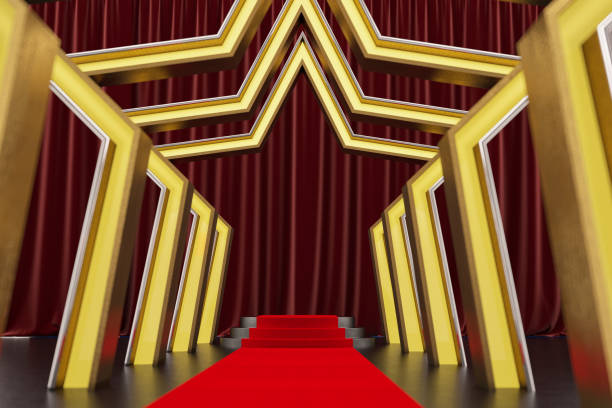 istock Red Carpet on the Round Podium with Steps and Star Shaped Corridor 1421227303