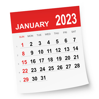 January 2023 calendar isolated on a white background. Need another version, another month, another year... Check my portfolio. Vector Illustration (EPS file, well layered and grouped). Easy to edit, manipulate, resize or colorize. Vector and Jpeg file of different sizes.