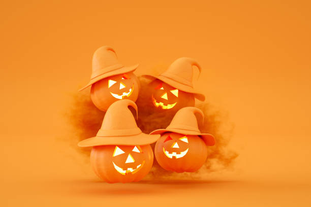 Halloween pumpkins with witch's hat, 3d render.