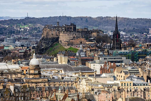 The view of Edinburgh castle with Tolbooth Kirk from Arthur's Seat. Scotland, United Kingdom.