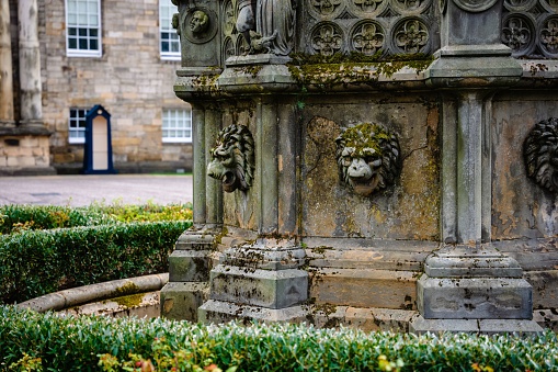 The fountain in the courtyard of Holyrood Palace. Edinburgh, Scotland, UK.