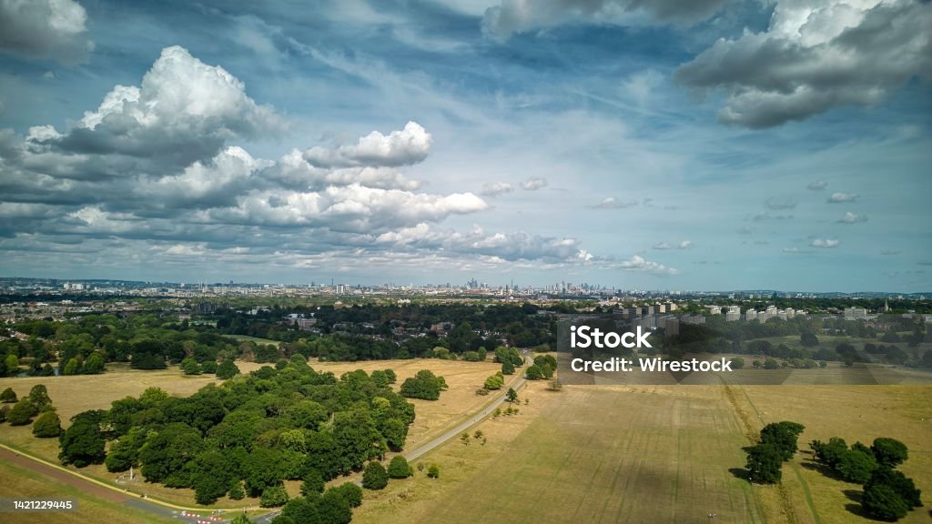 Beautiful view of the London skyline seen from Richmond Park against a cloudy sky A beautiful view of the London skyline seen from Richmond Park against a cloudy sky Richmond Park - London Stock Photo