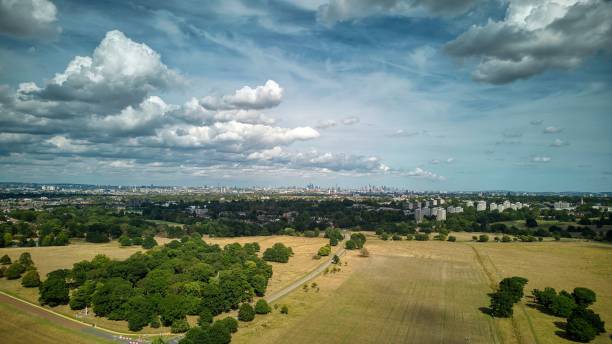 Beautiful view of the London skyline seen from Richmond Park against a cloudy sky A beautiful view of the London skyline seen from Richmond Park against a cloudy sky richmond park stock pictures, royalty-free photos & images