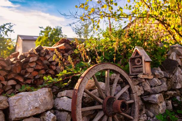 istock Wooden wheel on a stone wall 1421230033