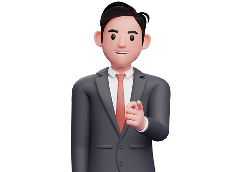 handsome man in black suit Pointing to the camera, 3D illustration of smart boy pointing camera