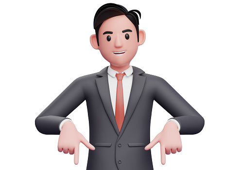 3d businessman pointing down, 3d illustration of businessman in formal suit pointing down