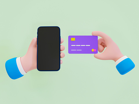 3d minimal moneyless concept. online shopping concept. hand holding a smartphone and credit card. blank screen mobile phone with credit card .3d rendering illustration.