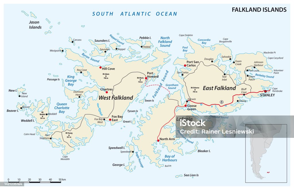 フォークランド諸島、マルビナス、ベクターロードマップ - イラスト素材...