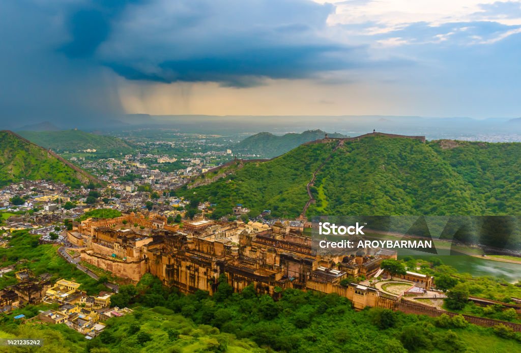 Amber or Amer Fort. Arial View of Amber or Amer Fort  with Cityscape and Aravalli Range  from Jaigarh Fort at Jaipur, Rajasthan. India Stock Photo