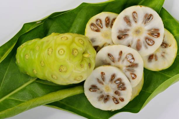 Whole Noni fruit (Morinda citrifolia) and slices cut crosswise, on leaf, against white background Also known as cheese fruit, great morinda & Indian mulberry, Noni is a fruit-bearing tree in the coffee family, indigenous to SE Asia & Australasia puke green color stock pictures, royalty-free photos & images