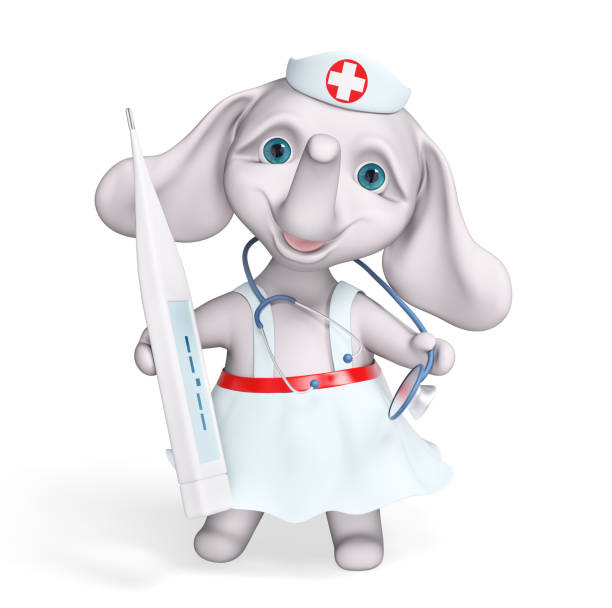 istock Cartoon character nurse elephant holding stethoscope and thermometer 3d rendering 1421240309