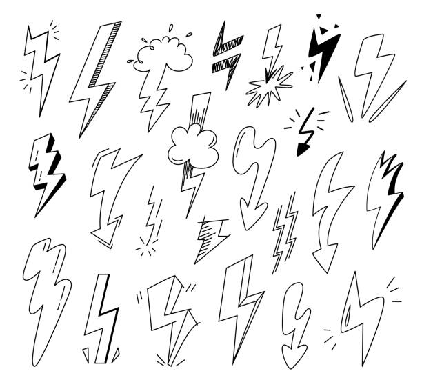 kolekcja czarnych błyskawic szkicowych. doodle błyska grzmotem, bazgrołami piorunów z efektem grunge. różne symbole wektorowe baterii elektrycznych energii - hands only flash stock illustrations