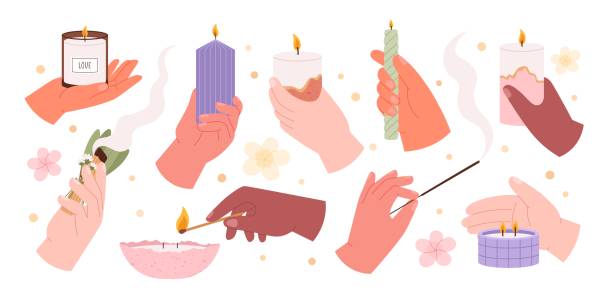 Relax aroma candle in hands. Meditation candles with fire, difference cozy home wax elements with wick. Aromatherapy candlelight, racy craft vector collection Relax aroma candle in hands. Meditation candles with fire, difference cozy home wax elements with wick. Aromatherapy candlelight, racy craft vector collection of aromatherapy relax aroma illustration home fragrance stock illustrations