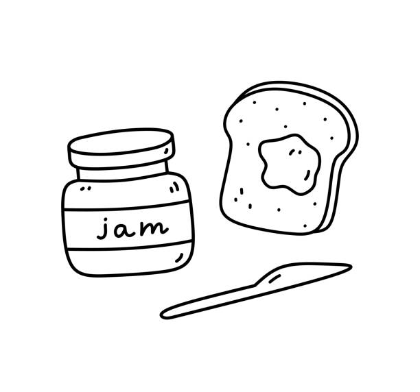 ジャム、トースト、ナイフの瓶を白い背景に隔離。朝食や軽食のための食べ物。落書きスタイルのベクター手描きイラスト。カード、装飾、ロゴ、メニュー、レシピに最適です。 - sandwich bread toast vector点のイラスト素材／クリップアート素材／マンガ素材／アイコン素材