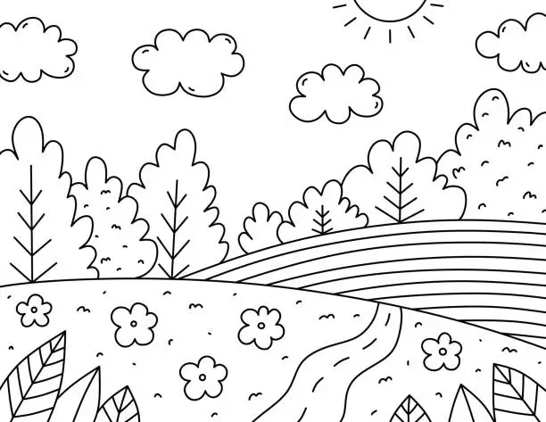Vector illustration of Cute kids coloring page. Landscape with clouds, trees, bushes, flowers, field and road. Vector hand-drawn illustration in doodle style. Cartoon coloring book for children.