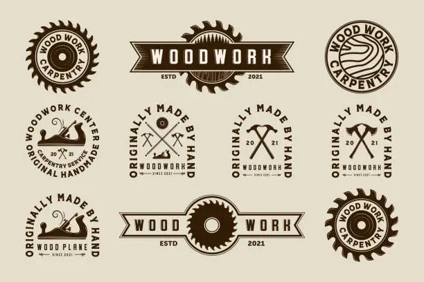 Vector illustration of Exclusive Set of Woodwork Vector Illustration Logo Design. Premium Set of Woodwork Logo Template for Wood Master, Sawmill and Carpentry Service. Collection, Bundle or Set Logo of Woodworking Tool