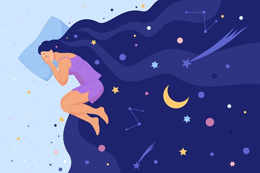 Woman universe in hair. Dream sleep with magic stars moon planets night sky mystical galaxy head, abstract astrology concept, female sleeping bed, occult desire vector illustration