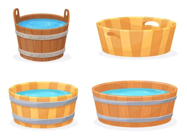 Vector illustration of Cartoon wooden tub. Wood vats with hot water, rustic baths woodens basins round handmade bathtub for wash sauna steam spa bathroom or storage wine bowl, neat vector illustration