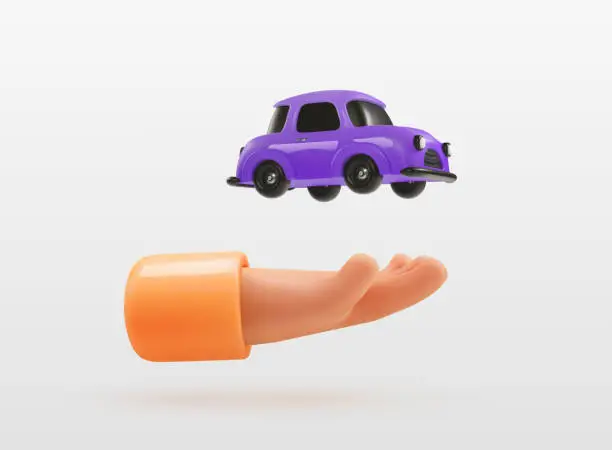 Vector illustration of 3d cartoon human hand holding toy car vector illustration. Little auto in arm on white background design element