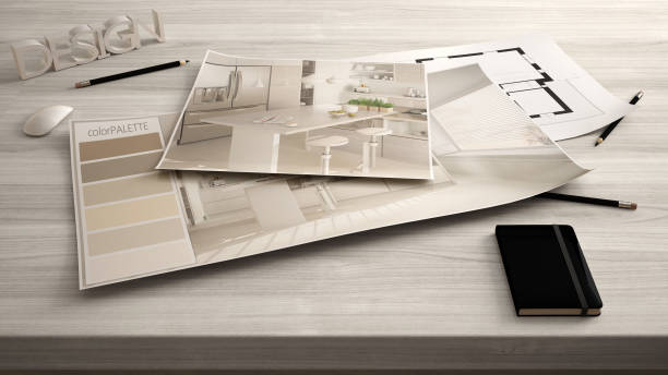 istock Architect designer concept, table close up with interior renovation draft, plan and color palette, project idea background, modern wooden kitchen 1421247547