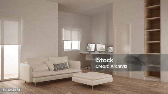 istock Minimalism, modern living room with empty bookshelf, corner home workplace, parquet floor, white and wooden interior design 1421247573