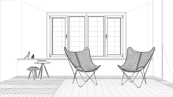 Unfinished Living Room Interior Sketch and 3D Render