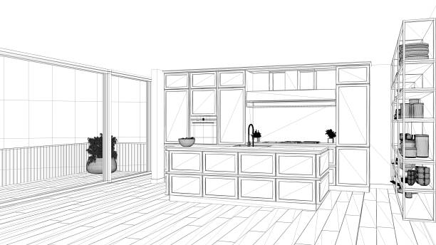 istock Interior design project, black and white ink sketch, architecture blueprint showing classic kitchen in modern luxury apartment with parquet floor, contemporary architecture 1421247674