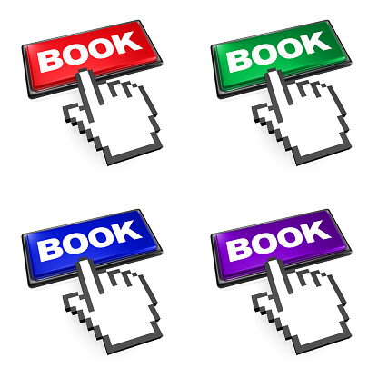 Computer mouse hand pointer ready to click on the BOOK button - Includes 4 popular colors (red, green, blue, purple) for use.