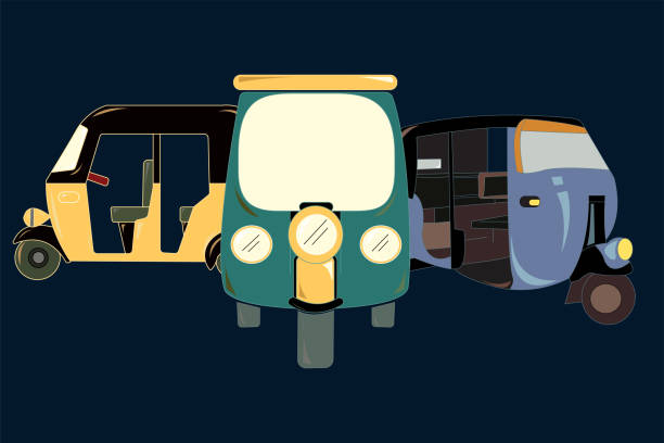Vector set of glaucous, myrtle green, maximum yellow red and black color autorickshaw on oxford blue background. textile design, cartoon style vector, wallpaper. Vector set of glaucous, myrtle green, maximum yellow red and black color autorickshaw on oxford blue background. textile design, cartoon style vector, wallpaper. autorickshaw stock illustrations