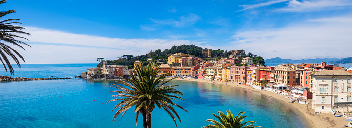 Panoramic view of Sestri Levante, with the colored buildings on the promenade (3 shots stitched)