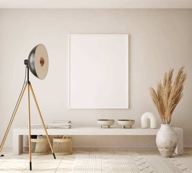 istock mock up poster frame in modern interior background, living room, Scandinavian style, 3D render, 3D illustration 1421257915