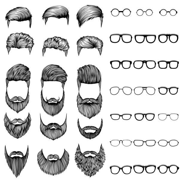 illustrazioni stock, clip art, cartoni animati e icone di tendenza di uomini capelli baffi e barba stile con occhiali elementi illustrazione vettoriale - baffo peluria del viso