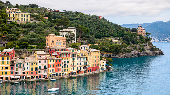 Colorful buildings lined up on the Portofino promenade