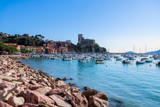 Pastel colored buildings of Lerici, with the castle in background