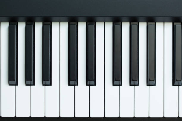 Piano keys close-up. Top view. Close up. Black and white.