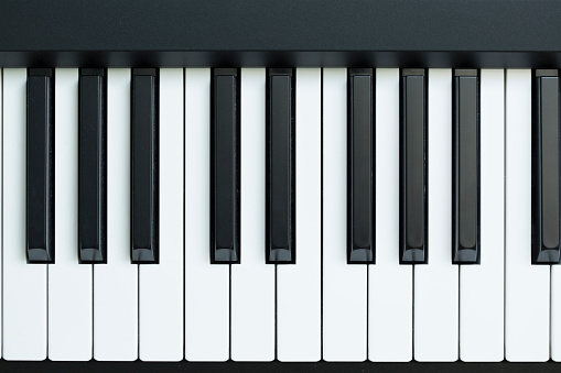 Black and white key. Piano keys close-up.