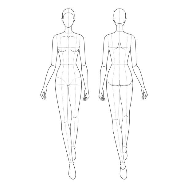 walking frauen modevorlage 9 neun kopf groß weiblich mit hauptlinien für technisches zeichnen. damenfigur vorne, rückansicht. vektorisoliertes skizzenskizzenmädchen für modeskizzen und illustrationen - artists figure stock-grafiken, -clipart, -cartoons und -symbole