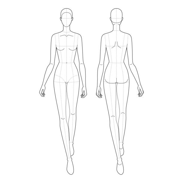 ウォーキング女性ファッションテンプレート9 9頭サイズの女性、技術図面のためのメインライン付き。女性像の正面、背面図。ファッションスケッチとイラストレーションのためのベクトル� - ファッションデザイナー点のイラスト素材／クリップアート素材／マンガ素材／アイコン素材