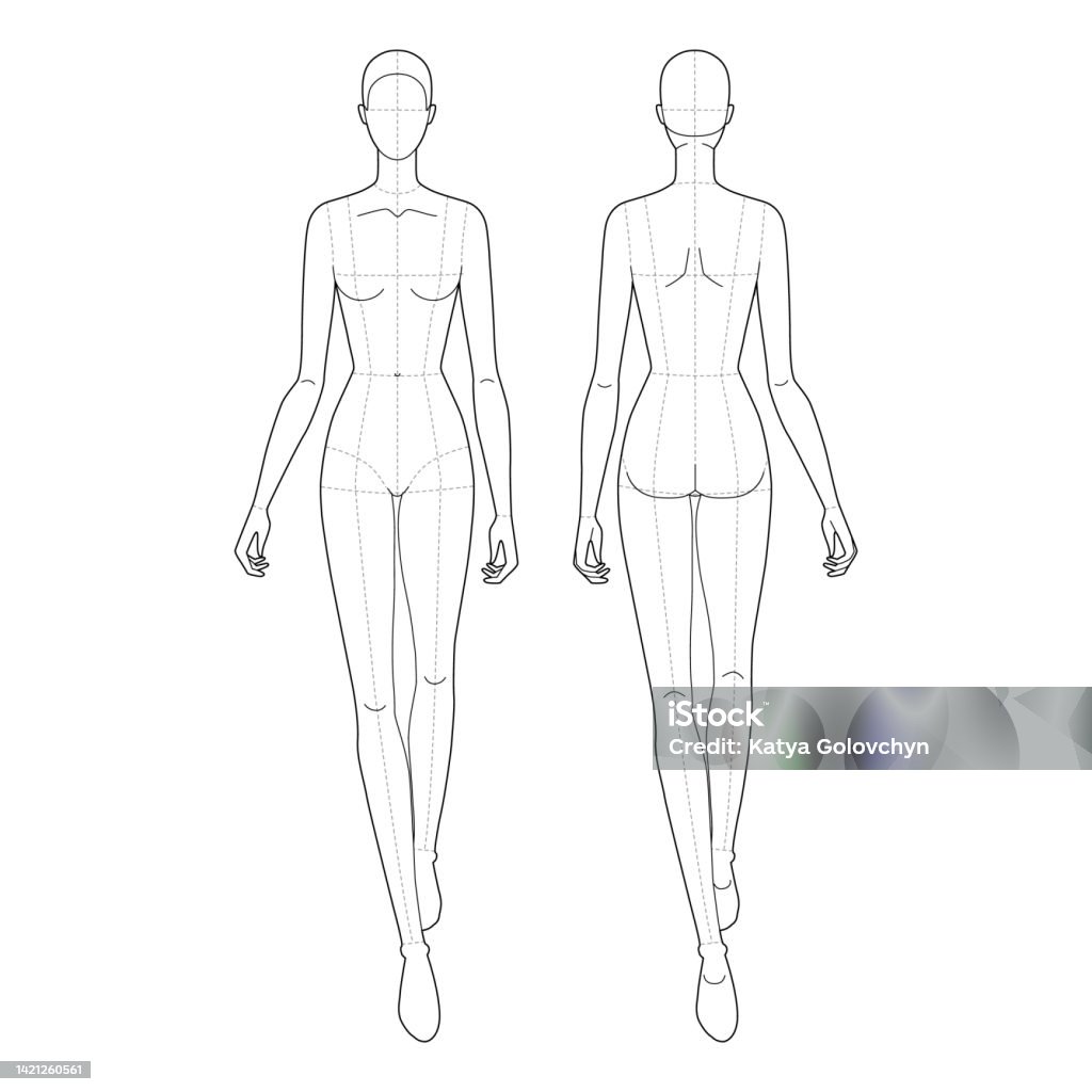 Walking Women Fashion Template 9 Nine Head Size Female With Main Lines For  Technical Drawing Lady Figure Front Back View Vector Isolated Outline Sketch  Girl For Fashion Sketching And Illustration Stock Illustration -