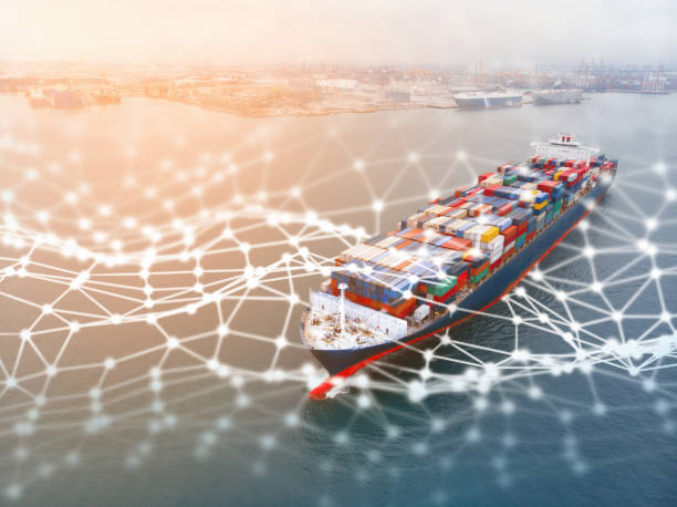 istock Aerial of cargo ship carrying container and running for export and import goods  from  cargo yard port to other ocean concept freight shipping ship line network . 1421262873