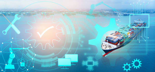 istock Aerial of cargo ship carrying container with line maintenance technology concept  from  cargo yard port to other ocean concept freight shipping ship on blue sea background. 1421265274