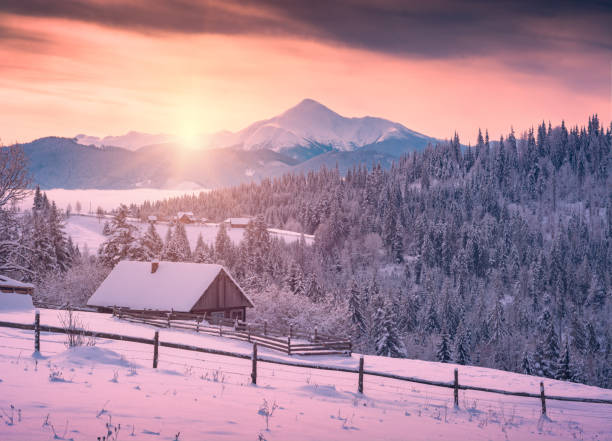 istock Incredible sunset in alpine ukrainian village 1421266031