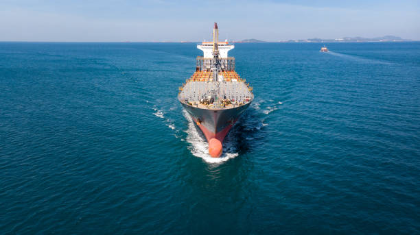 istock Aerial view of empty cargo container maritime on blue sea. 1421266576